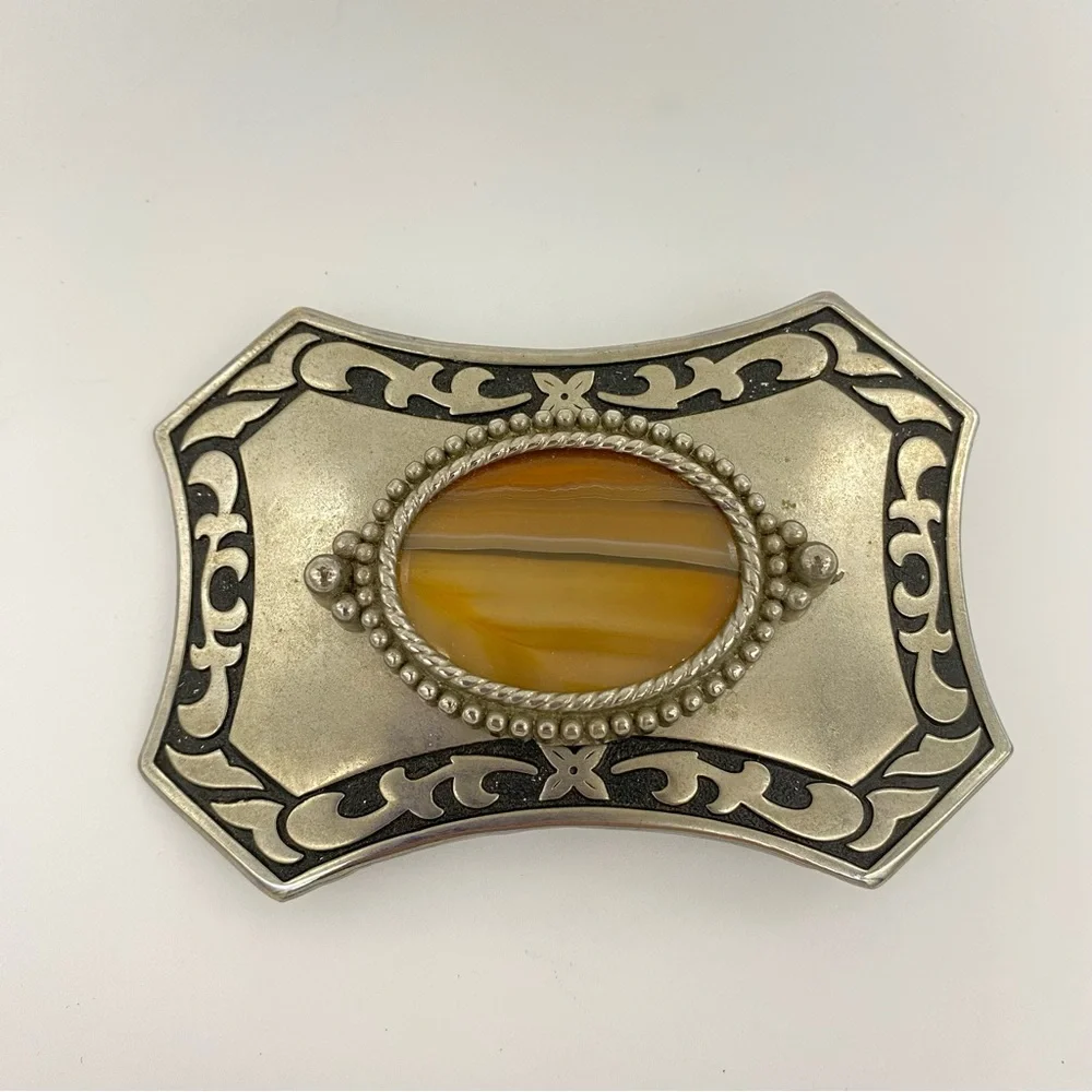 Western Silver Tone Belt Buckle Faux Banded Amber Agate & Black Scrollwork